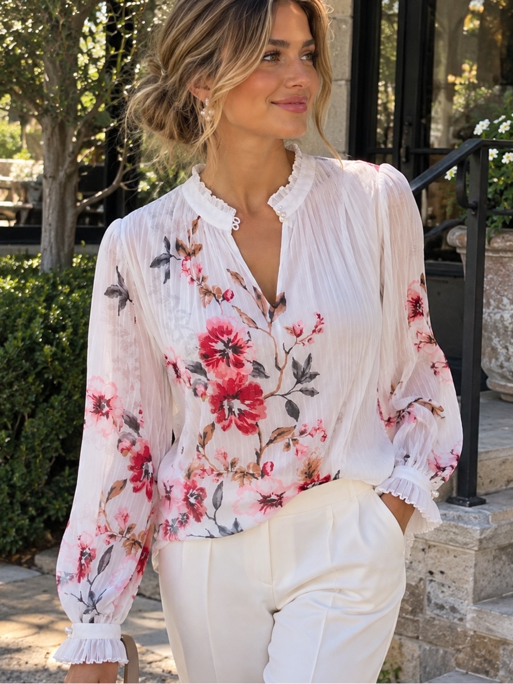 White House Black Market Floral Pleated Blouse Size 8 Romantic Feminine